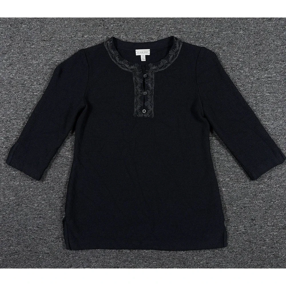 St John Sport Sweater Womens Medium Black Floral Henley Wool Pullover Tunic